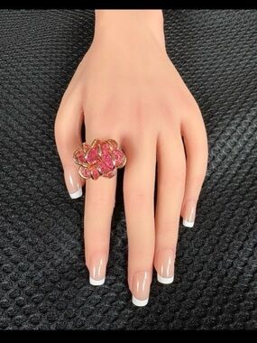 Pink Crystal Cocktail Ring, Gold Tone Statement Ring